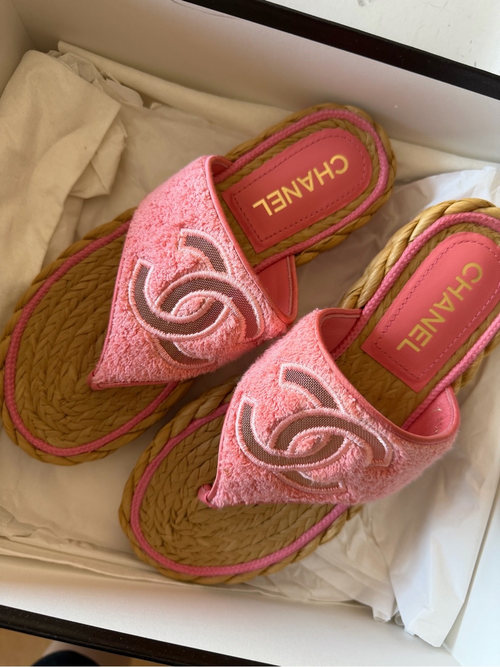 Chanel Pink Espadrille Slide Sandals